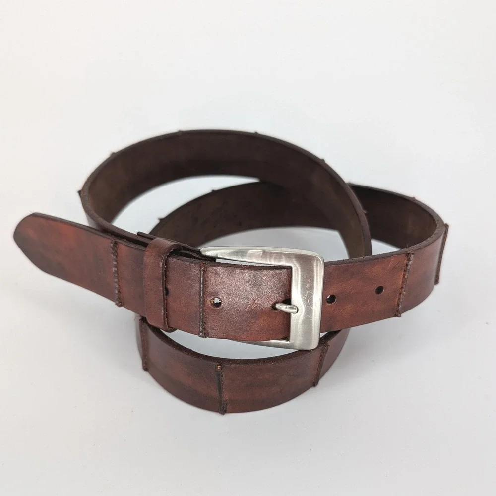 Cole Haan Belt Mens 38 Brown Italian Handcrafted Leather Paneled Silver Buckle